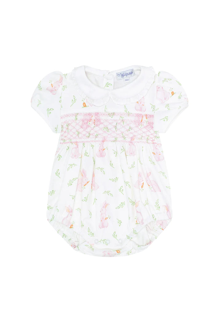 Pink Bunny Print Smocked Bubble